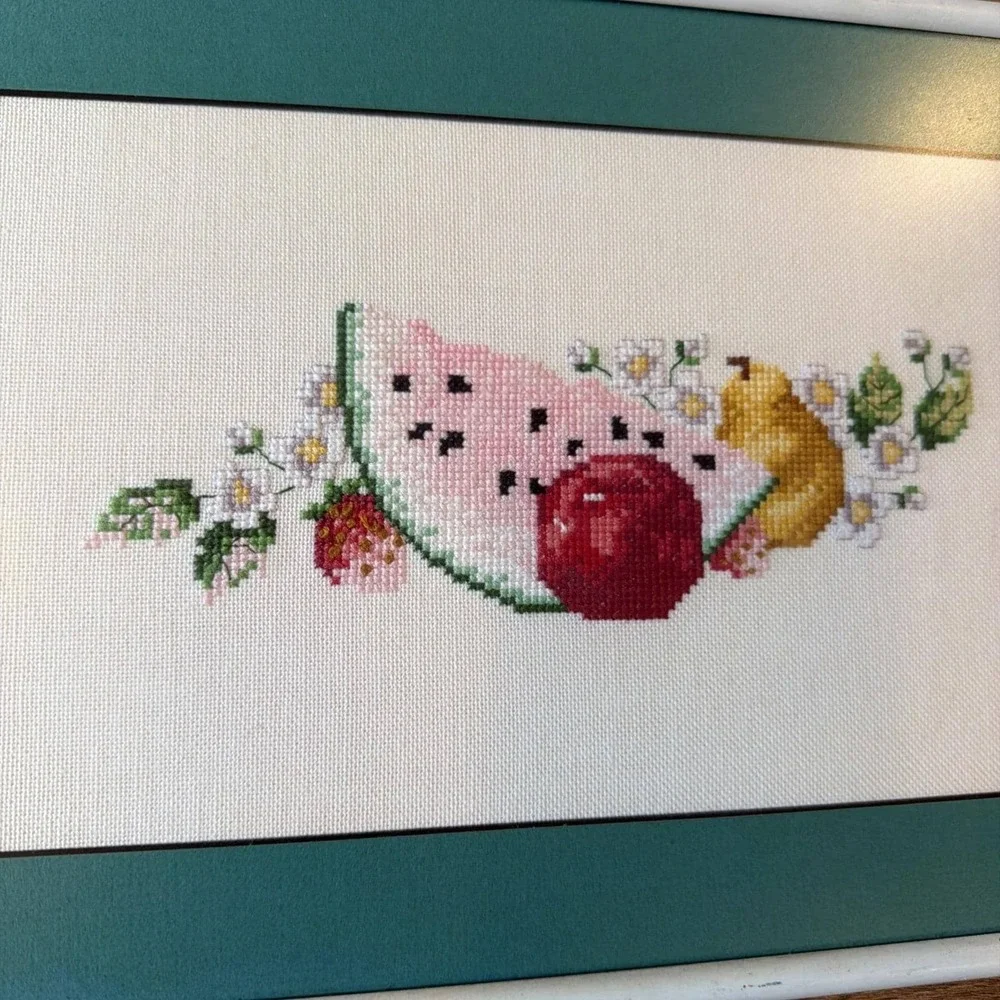 Vtg 80s Assorted Fruit Cross Stitch Embroidery Hawaii Metal Framed Plastic Matte